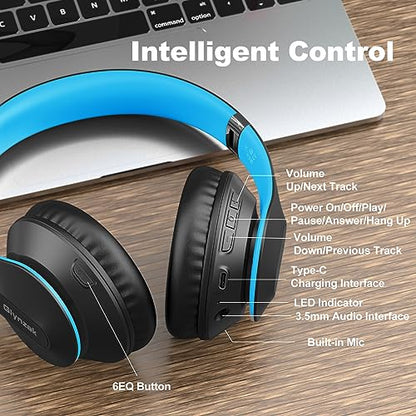 Wireless Bluetooth Headphones Over Ear V6.0 HiFi Stereo with Mic | 65H Playtime 6EQ Modes Foldable Bluetooth Headset with Microphone for Travel Smartphone Computer Laptop Blue - color: Blue
