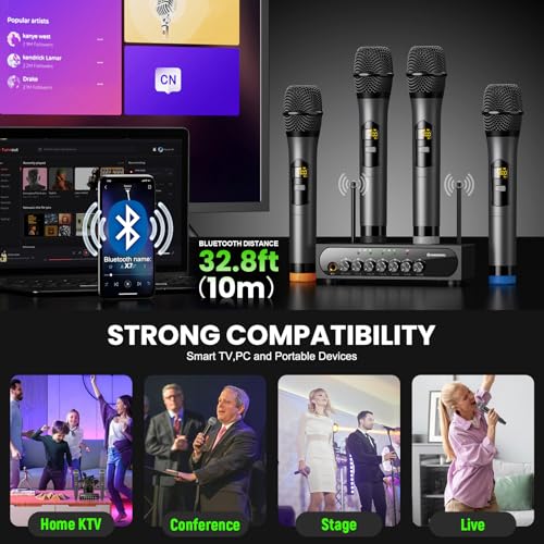 Wireless Microphone System Karaoke 4 Channel UHF Cordless Handheld Dynamic Mic with Bluetooth Receiver Box + Volume Control Echo Mic Work Range 165ft for Karaoke PA System DJ Mixer Party - size: 4 Channel UHF Cordless Handheld Dynamic Mic