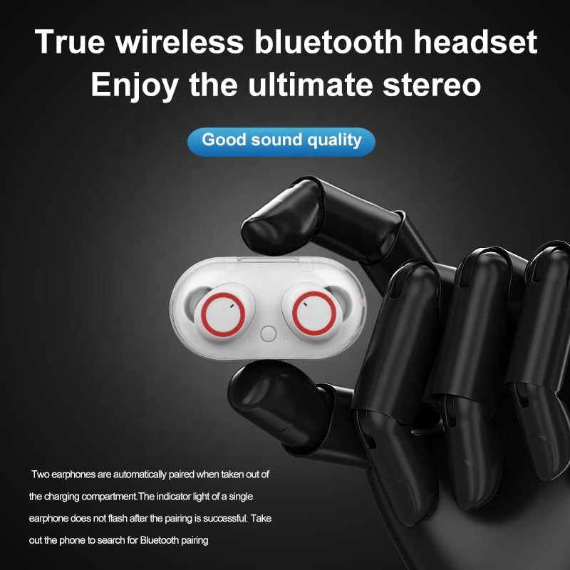 Wireless Bluetooth Earbuds with Charging Case, True Wireless Stereo, Black with Red Accents, LED Battery Indicator, Portable TWS Headphones