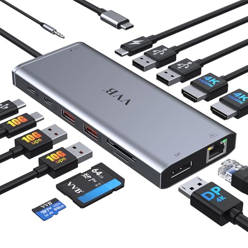 USB C Laptop Docking Station Dual Monitor HDMI USB C Hub Multiport Adapter | USB C Dongle Dock 14 in 1 USB C to 2 HDMI 4K+DisplayPort+Ethernet+4USB+2USB C+100W PD Charger+SD/TF for Dell/Lenovo/HP Laptop - color: Gray
