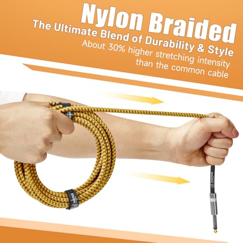 2-Pack 3.3 Feet Tweed braided 1/4 Inch TS Guitar Cables, Yellow & Brown | Strain relief, Anti-kink, no signal loss, fit electric guitar, bass, amp - color: Yellow, size: 3.3ft
