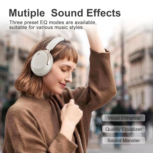 LORELEI QC30 Hybrid Active Noise Cancelling Headphones,Over-Ear Wireless Bluetooth,Beige Protein Leather, Active Noise Control & Transparency Mode,Deep Bass, Built-in Mic - color: Beige White