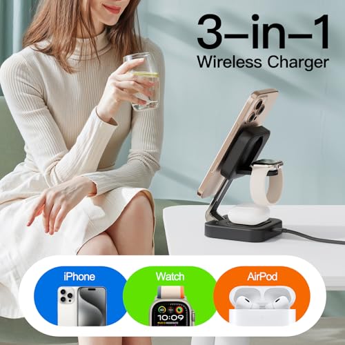 2026 Traveling Wireless Mag-Safe Fast Magnetic 3 in 1Charging Station | with iPhone 17 16 15 14 13 12 Pro Max Plus,Apple Watch Series & Air pods 4 3 2 Pro-Gifts for Wife & Husband(Black) - color: Black