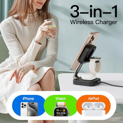 2026 Traveling Wireless Mag-Safe Fast Magnetic 3 in 1Charging Station | with iPhone 17 16 15 14 13 12 Pro Max Plus,Apple Watch Series & Air pods 4 3 2 Pro-Gifts for Wife & Husband(Black) - color: Black