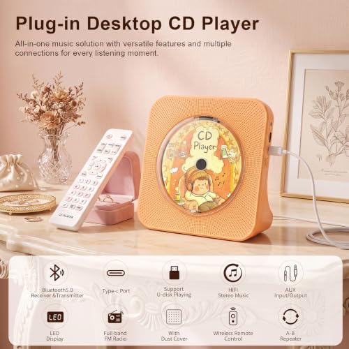 Gueray Portable CD Player with Bluetooth, CD Player with Speaker for Home | Plug-in desktop use,2-way Bluetooth mode, 3W speakers, FM radio, sleep timer, A-B repeat,USB/AUX - color: Orange