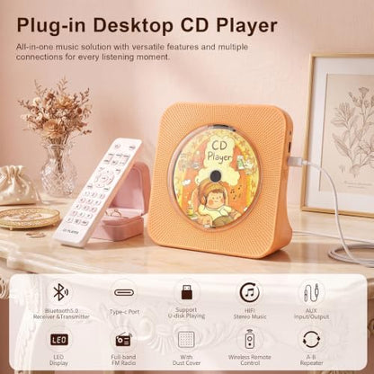 Gueray Portable CD Player with Bluetooth, CD Player with Speaker for Home | Plug-in desktop use,2-way Bluetooth mode, 3W speakers, FM radio, sleep timer, A-B repeat,USB/AUX - color: Orange