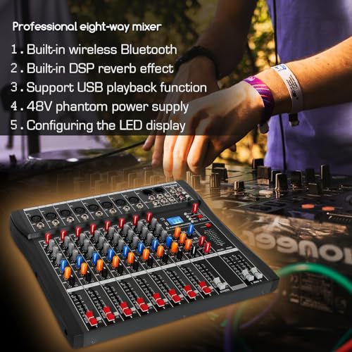 Depusheng Audio Mixer Professional 8 channel,DX8 Sound Board DJ Mixing Console System Interface USB MP3 Input Bluetooth 48V Phantom Power,Black, USB Audio Mixer for PC,for Studio Karaoke Live Music