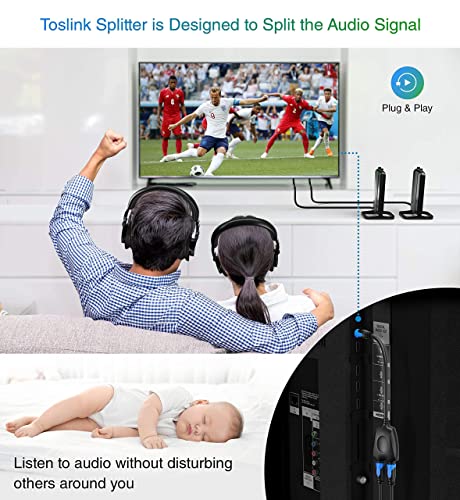 BlueRigger Toslink Cable (6FT) with 1x2 Toslink Splitter - 1 Male Input 2 Female Output - with 24K Gold Plated Connectors (for Home Theatre, Xbox, PlayStation etc.)