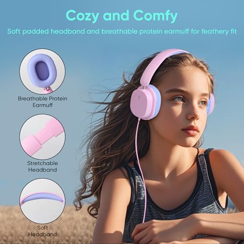 Kids Wired Headphones for School, 2-Pack with Sharing Splitter | Stereo sound, Comfortable over-ear fit, Foldable design, Tangle-free 3.5 mm cable, Ideal for tablets, laptops and computers - color: Blue+Pink