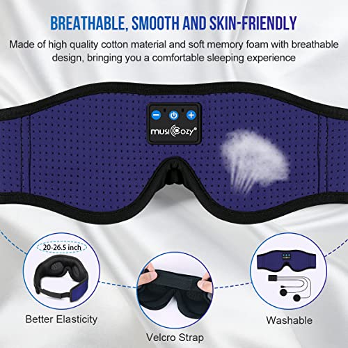 MUSICOZY 3D Sleep Headphones Bluetooth 5.4 Breathable Sleep Eye Mask | Cooling Fabric Lining with Blackout Design for Side Sleeper, HD Stereo Sound, 14 Hours Playtime for Sleep, Travel, Relaxation - color: Dark Blue