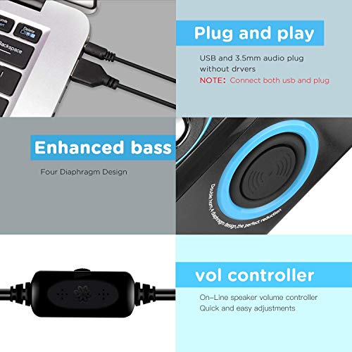 RECCAZR SP2040 Surround Computer Speakers with Deep Bass USB Wired Powered Multimedia Speaker for PC/Laptops/Smart Phone Built-in 4 Loudspeaker Diaphragm(Blue) - color: Black & Blue
