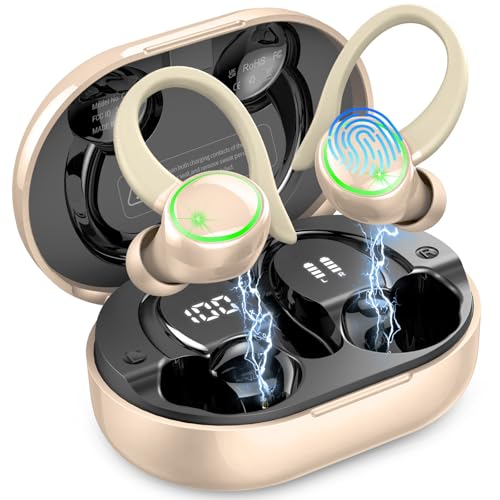 Matast Wireless Earbuds, Bluetooth Headphones Sports, Bass Fitness Earphones Gym Running, IP7 Waterproof Headset with Earhook Workout, Playback Over-Ear Buds with ENC Noise Cancelling Mic - color: Mickey White