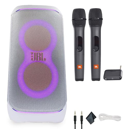 JBL PartyBox Club 120 (White) - 160W Portable Wireless Splash Proof Speaker - 12 Hours of Playtime + Wireless Two Microphone System with Receiver + AUX Cable + Microfiber Cloth - color: White, style: Bundle w/ Mics
