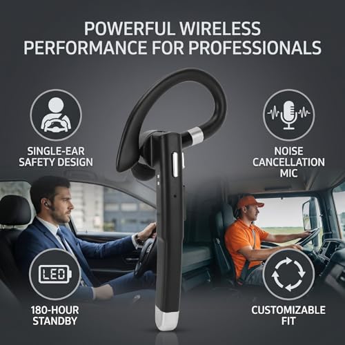 Wireless Headset Single Ear Earpiece with Noise Cancelling Mic IPX7 180H Standby 10H Talk Time Charging Case LED Display for Trucker Driver Bus (Bluetooth Headset)
