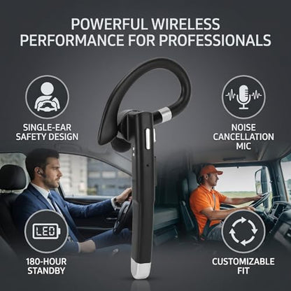 Wireless Headset Single Ear Earpiece with Noise Cancelling Mic IPX7 180H Standby 10H Talk Time Charging Case LED Display for Trucker Driver Bus (Bluetooth Headset)