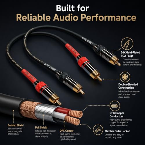 RCA Cable 2-Pack 1Ft Gold OFC, Low Noise for Subwoofer Amplifier