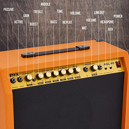 LyxPro 40 Watt Electric Guitar Amplifier | Solid State Studio Amp with 8” 4-Ohm Speaker, Custom EQ Controls, Drive, Delay, ¼” Passive/Active/Microphone Inputs, Aux in & Headphone Jack - Mahogany - color: Mahogany, size: 40 Watt