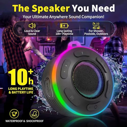 Portable Bluetooth Shower Speaker with Waterproof,Stereo,LED Light | Over 10H Playtime,Built-in Micro,Suction Cup&Hook,for Outdoor,Kitchen,Kayak,Beach,Camping,Gifts for Unisex