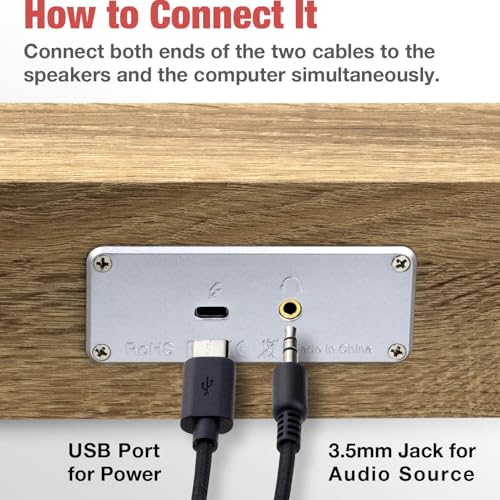 MICA Computer Speakers, Vintage Wired Computer Sound Bar, Retro Wooden Mini Soundbar, USB Powered PC Speakers for Desktop Monitor, Laptop, Tablet, 3.5mm Aux Connection, Angled (Yellow)
