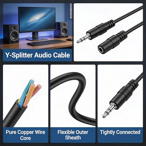 3.5mm Headset Splitter Stereo Female to 2-Male Y-Splitter Audio Cable 2m, 3.5mm Cable, 1/8" Headphone Jack Splitter for Speaker, Pc, Laptop, Aluminum Connector
