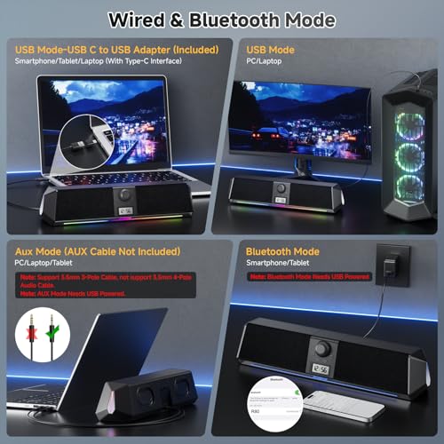 SOULION Bluetooth Computer Speakers USB Plug & Play with Clock & LED | Digital Clock Display, Bottom Mirror Lighting, LED Rainbow Lights & 5 Kinds of Modes, USB/Bluetooth/AUX Mode, Powerful Sound