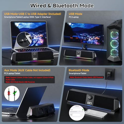 SOULION Bluetooth Computer Speakers USB Plug & Play with Clock & LED | Digital Clock Display, Bottom Mirror Lighting, LED Rainbow Lights & 5 Kinds of Modes, USB/Bluetooth/AUX Mode, Powerful Sound
