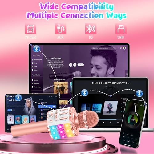 Karaoke Microphone Toys for Kids, Wireless Bluetooth Mic with Lights & Speaker, Portable Home KTV Player System, Perfect Birthday Party for 3-12 Year Old Boys & Girls - color: Rose Gold