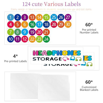 4-pack classroom headphone storage box, classroom organization, white | 60 Bags Clear PVC Door Charts with 124 Labels for Headphones and Cell Phones, Headphone Storage Classroom, Organization - size: 4 Pack