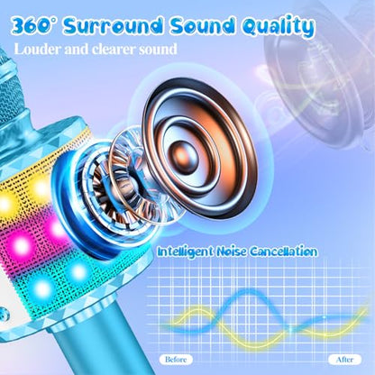 Karaoke Microphone Toys for Kids, Wireless Bluetooth Mic with Lights & Speaker, Portable Home KTV Player System, Perfect Birthday Party for 3-12 Year Old Boys & Girls - color: Blue