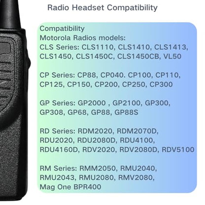 Earpiece for Motorola Walkie Talkie and Radio with PTT/Mic, Compatible for CP200D CP100D R2 CP200 CP185 BPR40 CLS1410 CLS1110 RMU2040 RMU2080D, 2 Pin Acoustic Tube Surveillance Headset (2-Pack)