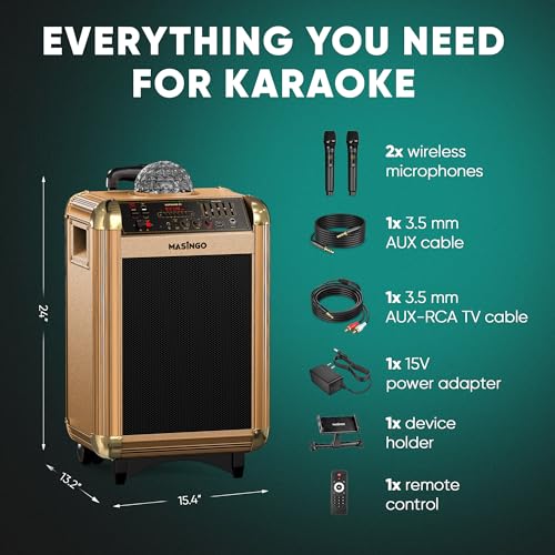 MASINGO Karaoke Machine for Adults and Kids with 2 Bluetooth Wireless Microphones. Portable Singing PA Speaker System with Disco Ball Lights, Lyrics Display Tablet Holder & TV Cable. Soprano X1 2.0