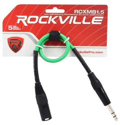 Rockville RCXMB1.5G Green 1.5' Male REAN XLR to 1/4" TRS Cable, 100% Copper | Patch Cable, Balanced Audio, Nickel Plated, 24 AWG OFC, 90% Spiral Shield, EMI/RFI Rejection, Flexible, Low Noise - color: green