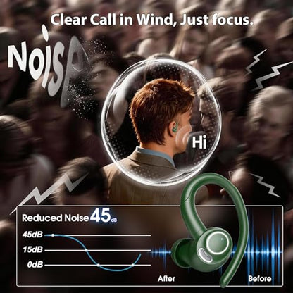Wireless Sports Earbuds with Earhooks, 48H Deep Bass/ENC Mic Ear Bud Green | Wireless Earphone with LED Display, Bluetooth 5.3 Headphones In Ear, IPX7 Waterproof Over Ear Buds for Running/Workout - color: Green