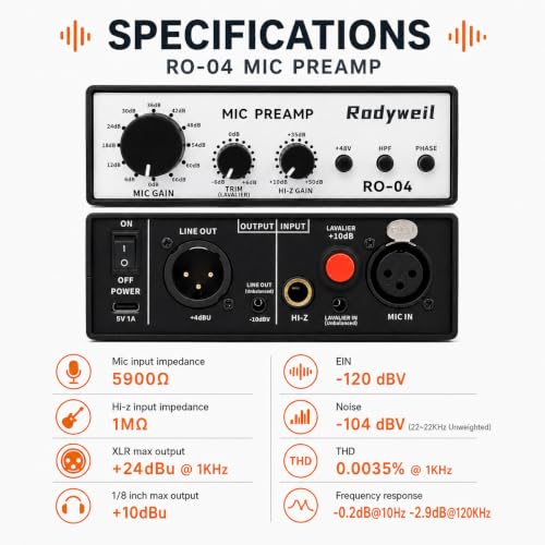 RO-04 Mic Preamp, 0~72db Adjustable Gain Boost,-120db EIN Ultra Low Noise, Studio Grade Performance with Hi-Z, 48V, HPF, Phase for Instrument & Microphone | Ultra Low Noise,Studio Grade Performance with Hi-Z, 48V, HPF, Phase for Instrument & Microphone