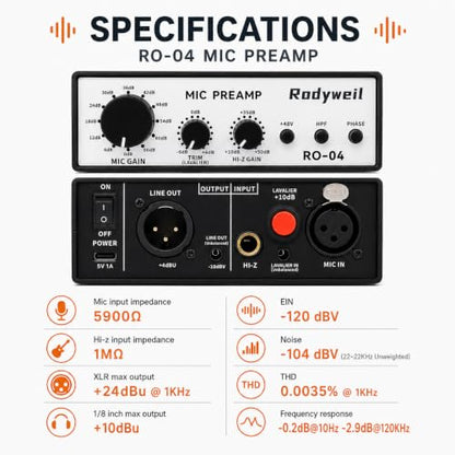 RO-04 Mic Preamp, 0~72db Adjustable Gain Boost,-120db EIN Ultra Low Noise, Studio Grade Performance with Hi-Z, 48V, HPF, Phase for Instrument & Microphone | Ultra Low Noise,Studio Grade Performance with Hi-Z, 48V, HPF, Phase for Instrument & Microphone