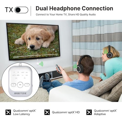 Beeitzie Ultra Bluetooth 5.4 Transmitter & Receiver,2-in-1 Wireless Audio Transmitter for TV/PC/Airplane, Dual Pairing for AirPods/Headphones, AptX LL& HD, Aux for Home/Car Stereo & Speakers