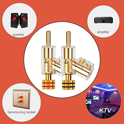 4X Banana Plugs Gold Plated 45° Angled Screw Locking Speaker Connectors for Sound Systems - color: Gold
