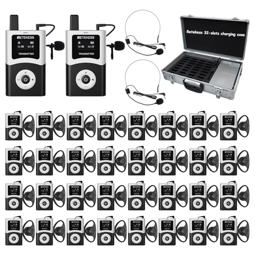 Retekess T130U(4nd Gen T130)Tour Guide System,Tour Guide Headsets(2TX 32RX) | for Factory,Travel,Clear Sound Quality,200M,Digital Mode, Wireless Connection,32-Slot Charge Case,40H,Less Interference Voice - style: 2-32