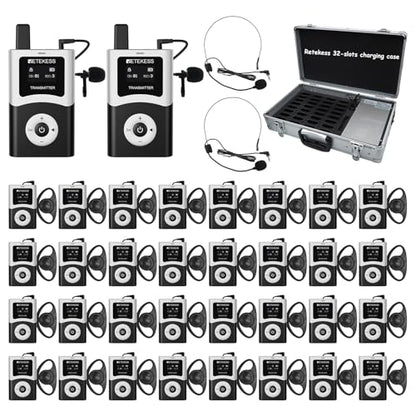 Retekess T130U(4nd Gen T130)Tour Guide System,Tour Guide Headsets(2TX 32RX) | for Factory,Travel,Clear Sound Quality,200M,Digital Mode, Wireless Connection,32-Slot Charge Case,40H,Less Interference Voice - style: 2-32