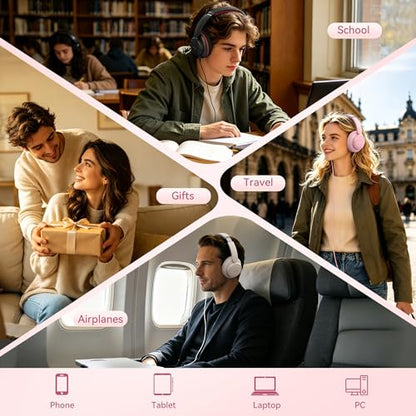Wired Headphones with Microphone, Over Ear Lightweight Foldable 3.5mm Plug in Corded Headphones Wired with Volume Control, 4.9ft Tangle-Free Cord for Tablet Laptop MP3/4 School Travel Pink | Wired Over Ear Foldable Corded Headphones for Teens Classroom Tr