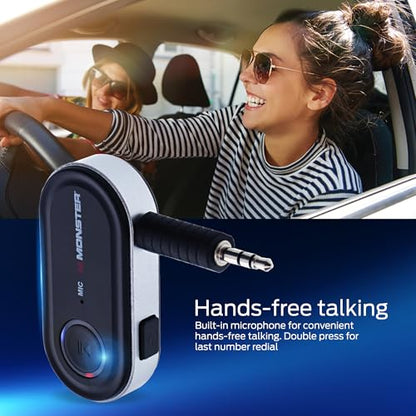 Monster Bluetooth Audio Receiver for Car & Home Stereo, Wireless 3.5 mm AUX Adapter for Speakers & Wired Headphones, Hands-Free Calling, Siri & Google Assistant Compatible