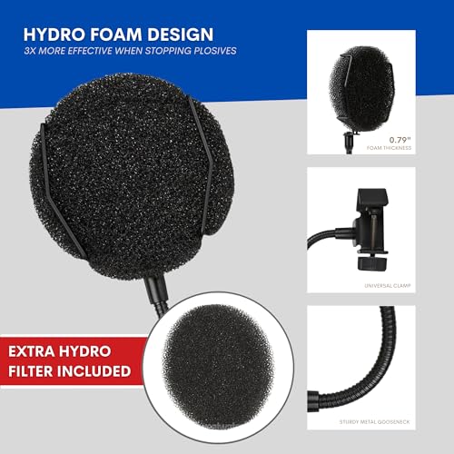 Melon Audio Pop Filter for Microphone - Sponge Layered Pop Wind Screen with Enhanced Flexible 360° Gooseneck Clip Metal Arm (includes Extra Filter)