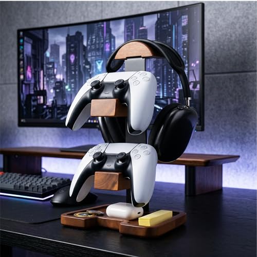 Gaming Equipment Headset Stand with Dual Controller Organizer Rack & Storage Base, Headphone Stand Gamer Gifts for Men Teenage Boy, Unique Gifts for Gamers to Organize Gaming Accessories (Brown Wood)