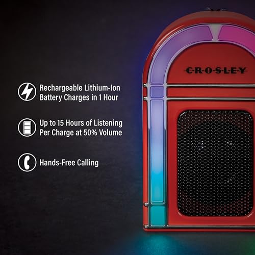 Crosley CR3046A-RE Mini Jukebox Portable Bluetooth Speaker, Red | Bluetooth In, 5 Color-Changing Light Modes, LED Lights Sync with Music, Rechargeable Lithium-Ion Battery - color: Red