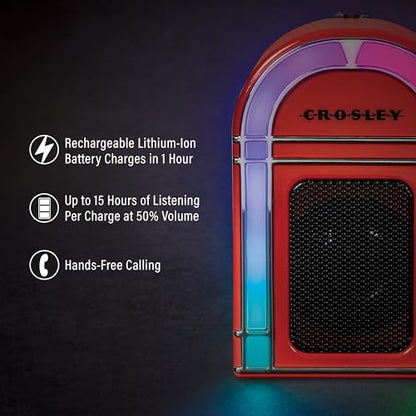 Crosley CR3046A-RE Mini Jukebox Portable Bluetooth Speaker, Red | Bluetooth In, 5 Color-Changing Light Modes, LED Lights Sync with Music, Rechargeable Lithium-Ion Battery - color: Red