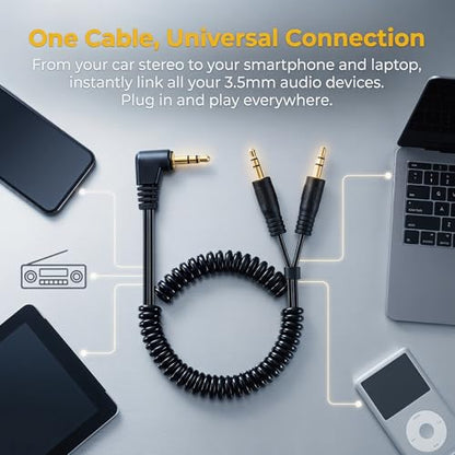 Yeebline 90 Degree 3.5mm Male to 2 Male Audio Splitter Coiled Cable, 2 Way 1/8" TRS Spring Aux Y Splitter Cord for Headphone and Speaker Sharing, Compatible with Phones, Laptops