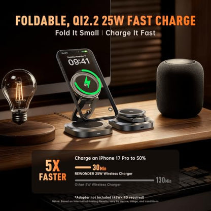 3-in-1 Foldable Qi2.2 25W Magnetic Wireless Charger Stand for iPhone Black | 360° Rotatable Charging Station for Airpods & Apple Phone Watch Earbuds for Travel Desk Home [With Cable Only] - color: Black
