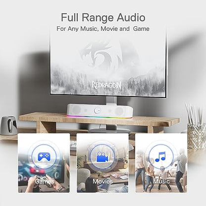 Redragon GS560 RGB Desktop Soundbar, Dynamic Lighting Bar with Audio Sync | 2.0 Stereo Enhanced Auido Quality, Touch-Control Backlit, Volume Knob, Plug & Play USB Powered Computer Speaker - color: White