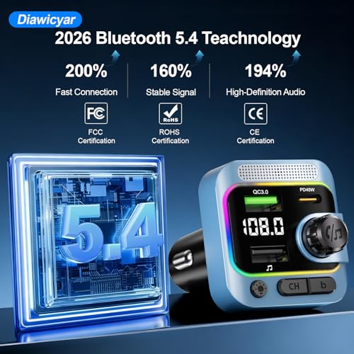 63W FM Transmitter Bluetooth Car Adapter, Wireless FM Bluetooth Transmitter | [PD 45W & QC3.0] Fast Charge, Deep Bass Player, Hands-Free Calling, Blue - color: Blue