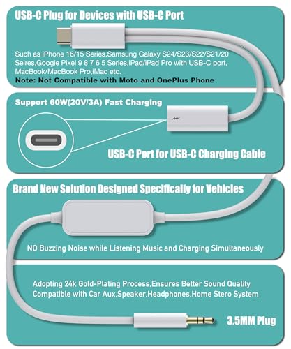Aux to USB C, 2-in-1 USB-C to Aux 코드, 삼성 갤럭시, 아이폰 에어/17/16/15, 자동차 USB 타입-C - 3.5mm 수 오디오 케이블 통화 및 충전 지원 차량 스테레오, 스피커, 헤드폰 - style: 충전용 USB-C 포트